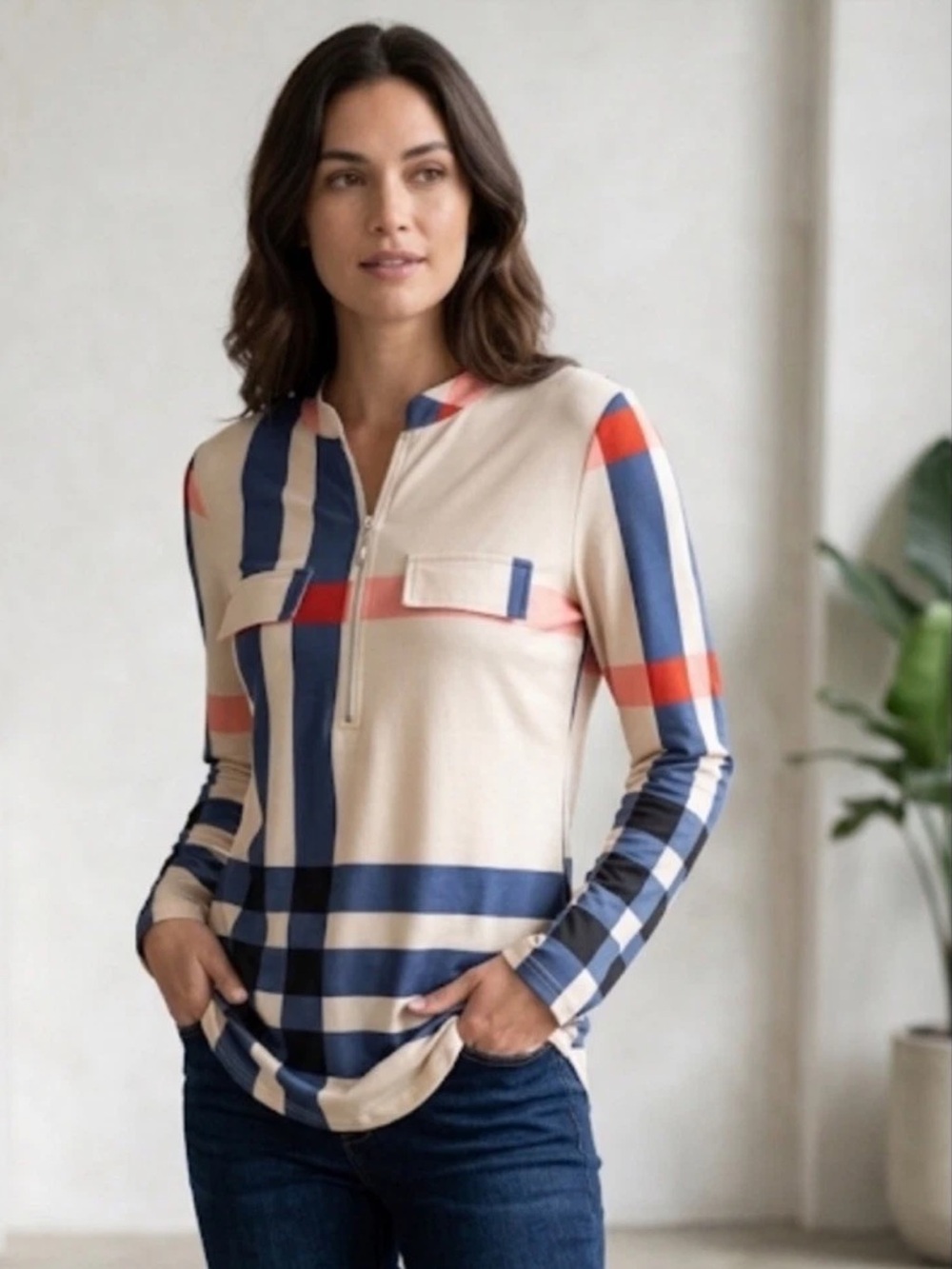 Moyabo | Cuffed Sleeve Zipped V Neck Womens 2XL Plaid Tunic Shirt Blouse Brown